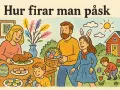 Familjen firar påsk afton med påskmat, målade ägg och påskris. En pojke målar ägg, en flicka med kaninöron bär en korg med ägg.