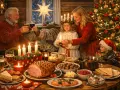 En familj firar jul med en traditionell svensk julmiddag. Fakta om jul: en stjärna lyser i fönstret, granen är klädd och barnen har ljus.