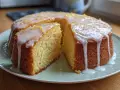En saftig sockerkaka med citron, täckt av glasyr och rivet citronskal. En bit är uppskuren.