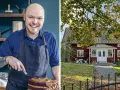 Fredriks fika: En glad bagare med en chokladtårta och ett rött hus i höstsol.