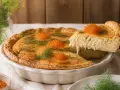En gyllene paj med en härlig glutenfri pajdeg, toppad med rom och dill. En bit lyfts upp och visar den krämiga fyllningen.