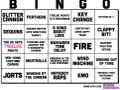 Eurovision bingo-kort med rutor som "Glitterkanon", "Vattenmelon" och "Blatent politisk röstning". Perfekt för att spela eurovision bingo!