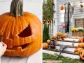 Förberedelser för halloween dag: en pumpa karvas och en husfasad dekoreras med pumpor, en spöklik gestalt och spindelnät.