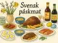 En illustration av ett festligt bord med svensk påskmat: köttbullar, prinskorv, lax, ägg, kalkon, potatis, påskmust och påskris.