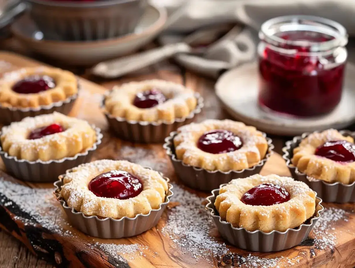 Små hallongrottor, perfekta för fikat. Ett enkelt hallongrottor recept ger dessa söta bakverk med sylt i mitten.