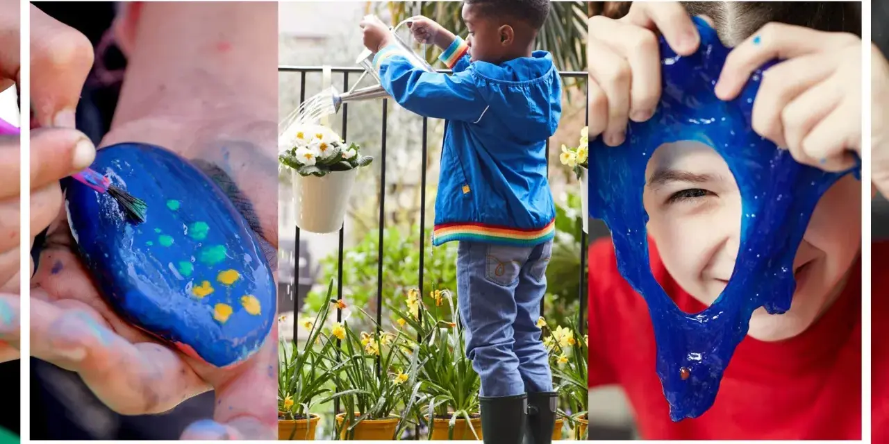 Kreativa aktiviteter för barn 10-12 år hemma: måla stenar, vattna blommor och leka med slime.