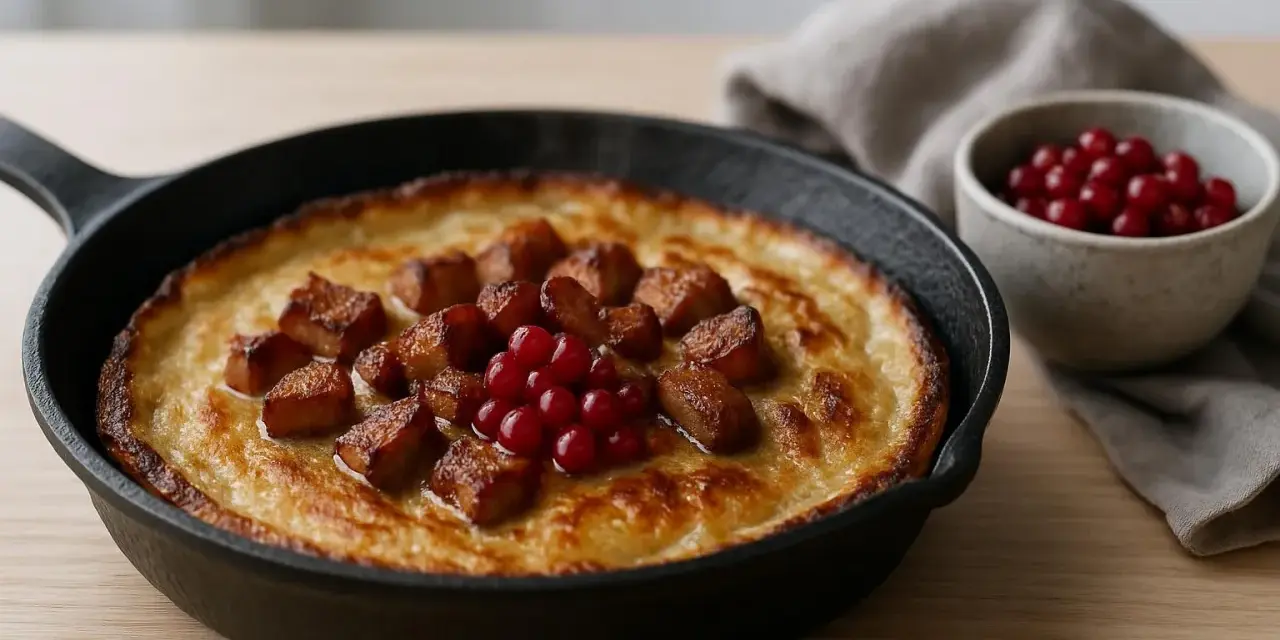 Kolbulle recept: Pannkaka i gjutjärnspanna med stekt fläsk och lingon. En klassisk svensk rätt.