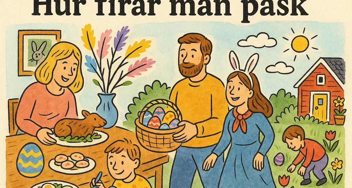 Familjen firar påsk afton med påskmat, målade ägg och påskris. En pojke målar ägg, en flicka med kaninöron bär en korg med ägg.