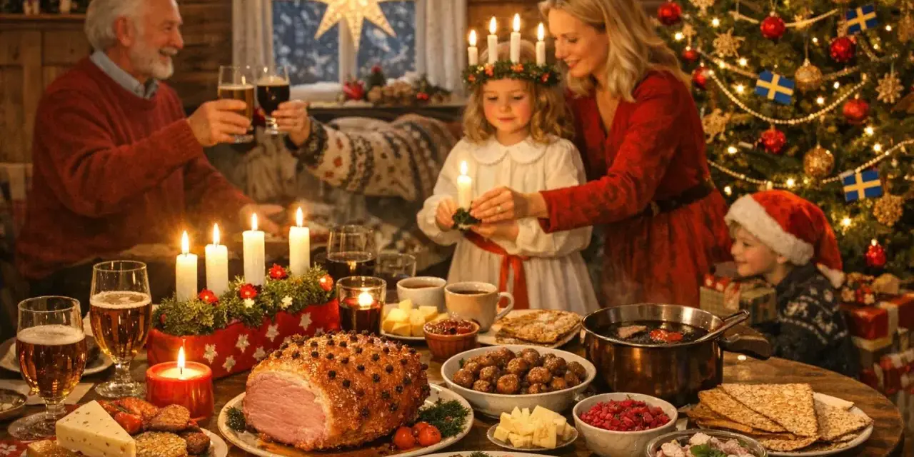 En familj firar jul med en traditionell svensk julmiddag. Fakta om jul: en stjärna lyser i fönstret, granen är klädd och barnen har ljus.