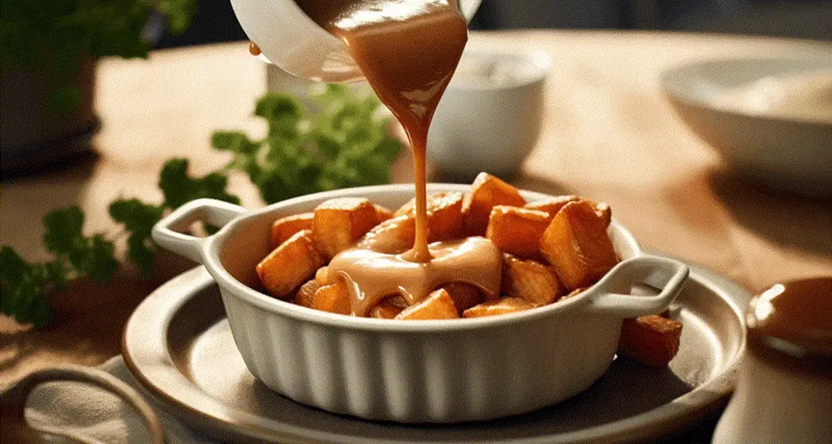Brunsås recept: Krämig sås hälls över gyllene potatisbitar i en vit skål.