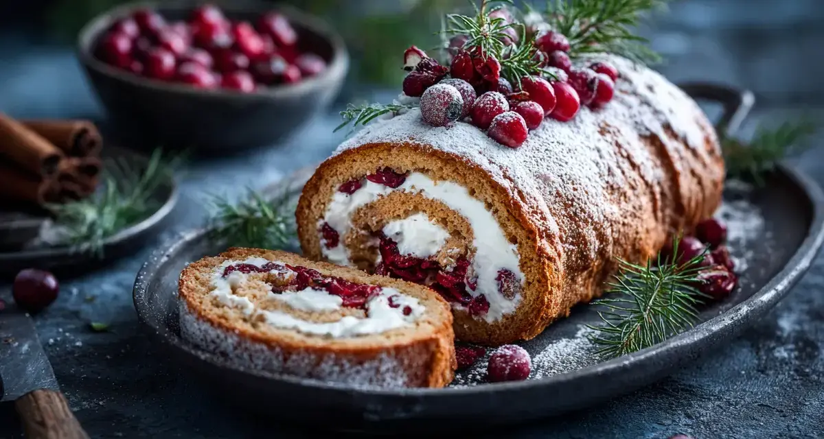 En vackert dekorerad rulltårta med grädde och lingon, perfekt för ett juligt rulltårta recept.