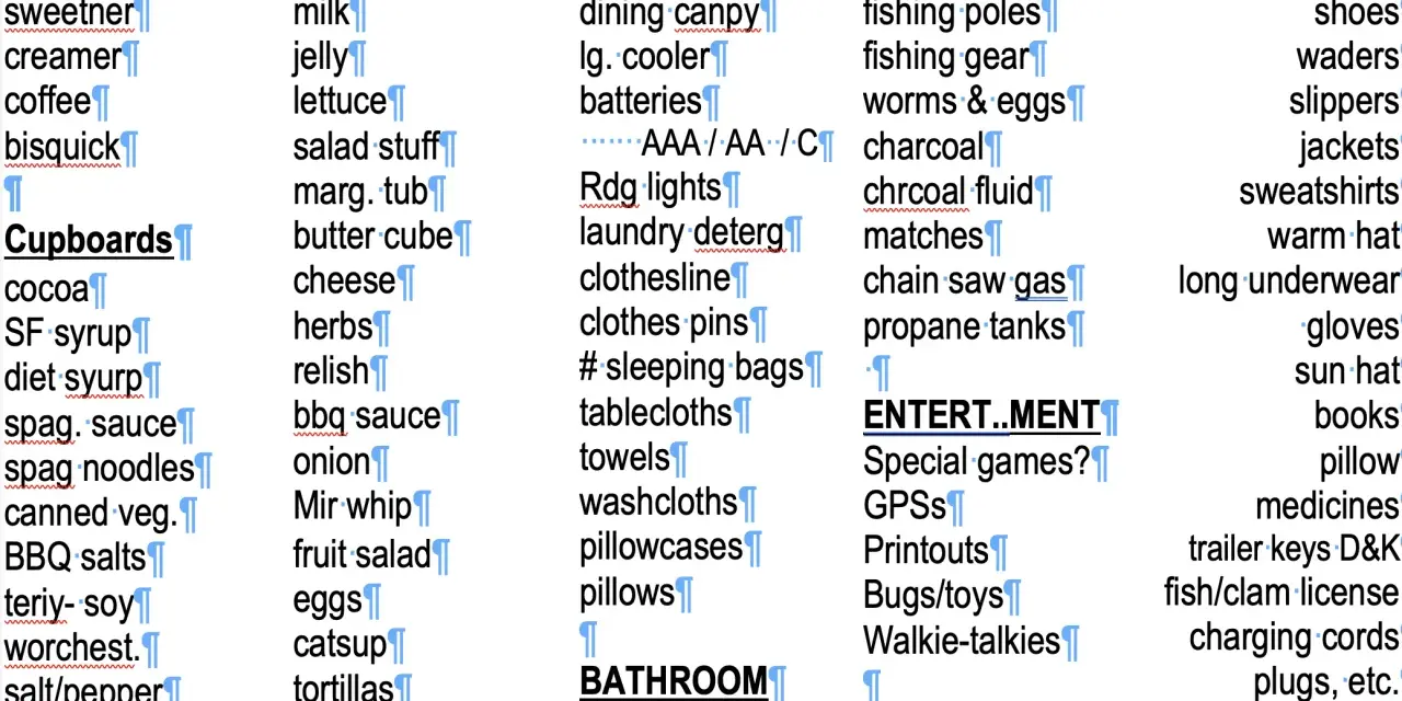 En detaljerad packlista camping med allt från mat och köksutrustning till kläder och personliga tillhörigheter.