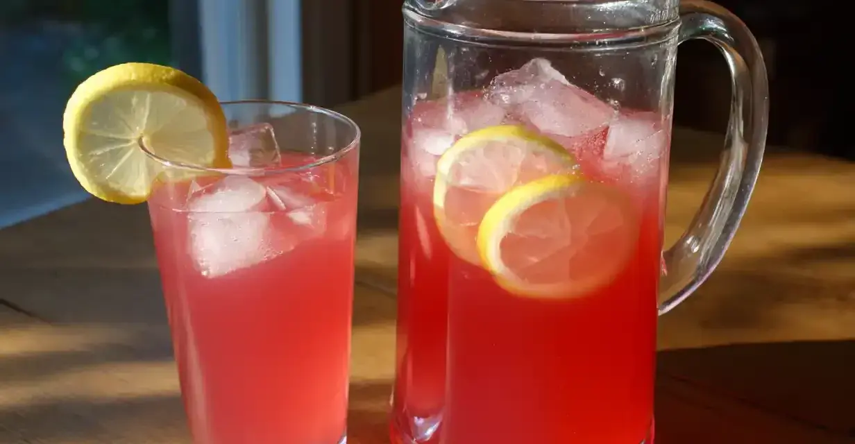 En karaff och ett glas med iskyld rabarbersaft med citron. Perfekt för en solig sommardag.