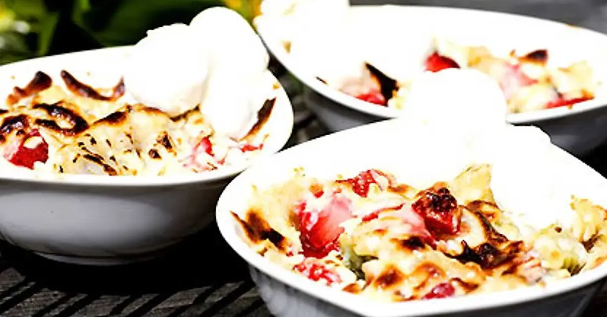 Tre skålar med varm smulpaj med jordgubbar och vaniljglass, ett perfekt Gino recept för en sommardessert.