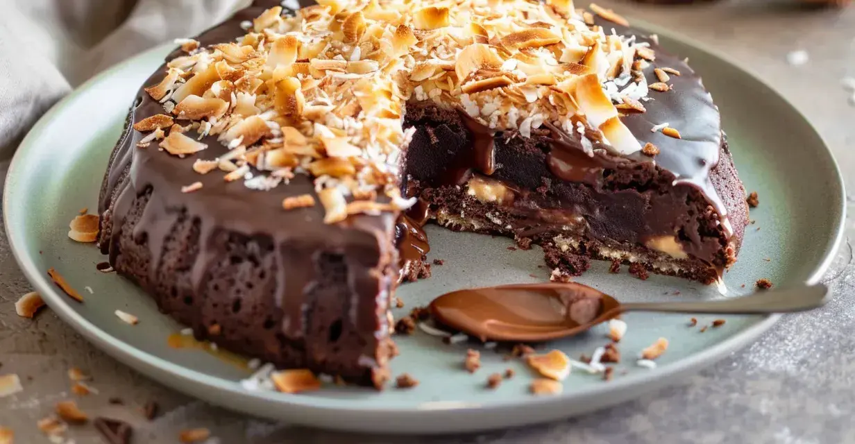 En saftig kladdkaka med kokostosca, täckt av chokladglasyr och toppad med rostad kokos. En sked med chokladsås ligger bredvid.