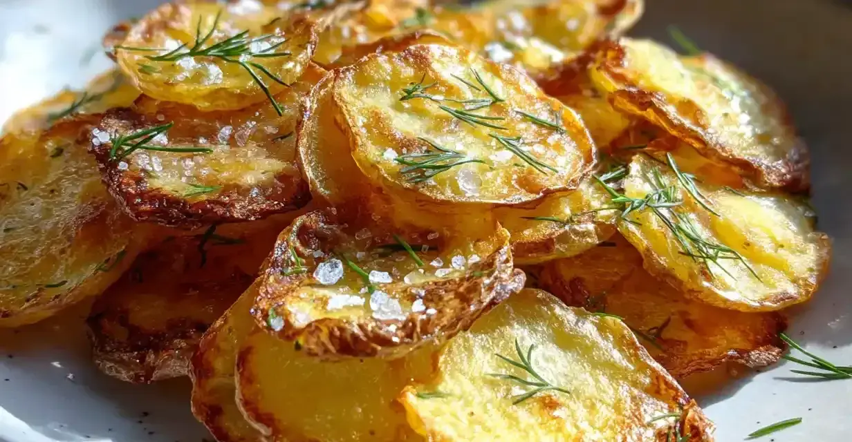 Krispiga potatis i ugn, toppade med flingsalt och färsk dill. Enkel men utsökt rätt.