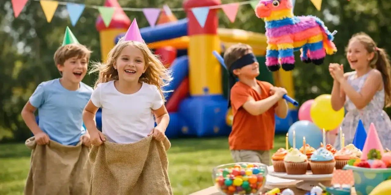 Barn gläds åt säckhoppning och piñata-lek, perfekta aktiviteter för att hitta på med barn. En färgsprakande födelsedagsfest utomhus.