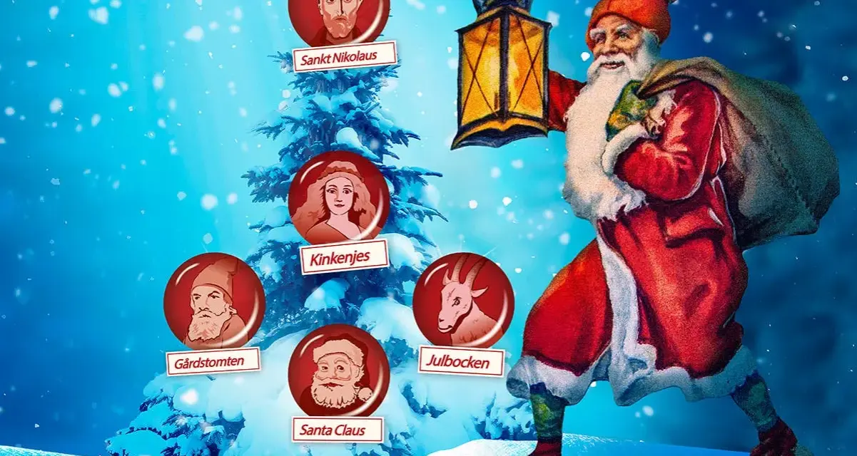 En julgran med porträtt av Sankt Nikolaus, Kinkenjes, Gårdstomten, Julbocken och Santa Claus. En tomte med lykta och säck. En visuell resa för att förstå var kommer tomten ifrån.