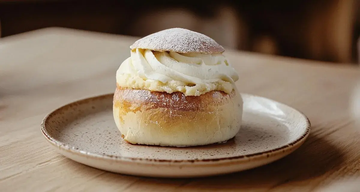 En semla med rikligt med vispad grädde och mandelmassa till semlor, pudrad med florsocker.