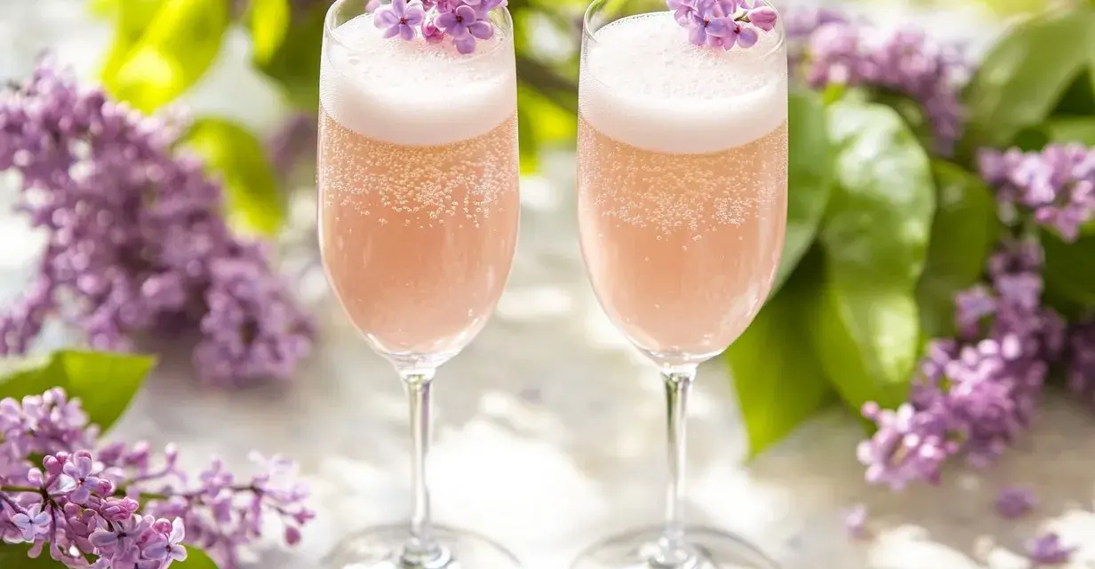 Två glas med rosa bubbel, dekorerade med syrenblommor. Perfekt för ett syrensirap recept.
