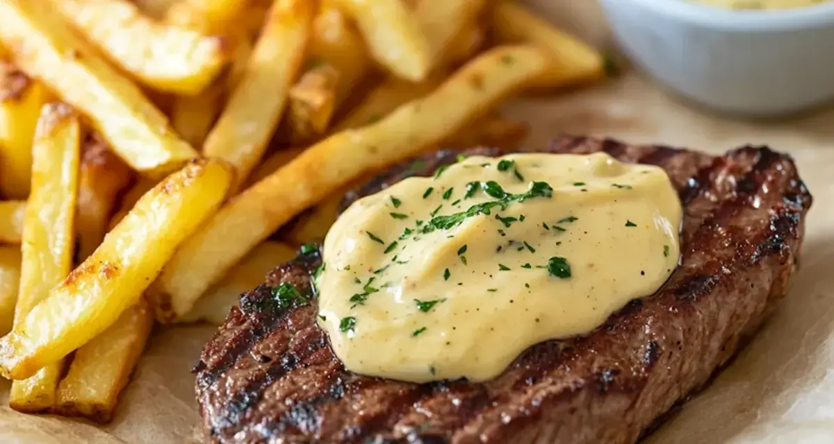 Grillad biff med pommes frites och en krämig bearnaisesås. Ett perfekt bearnaisesås recept för en lyxig middag.