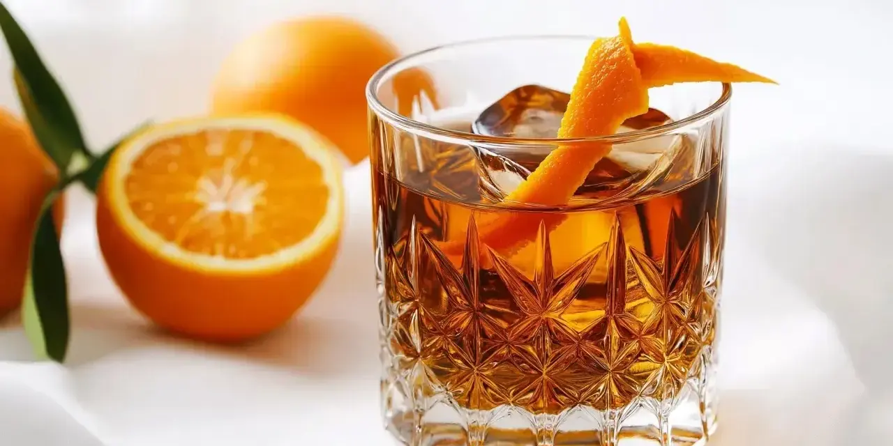 En drink med is och apelsinskal, bredvid färska apelsiner. Perfekt för ett sockerlag recept.
