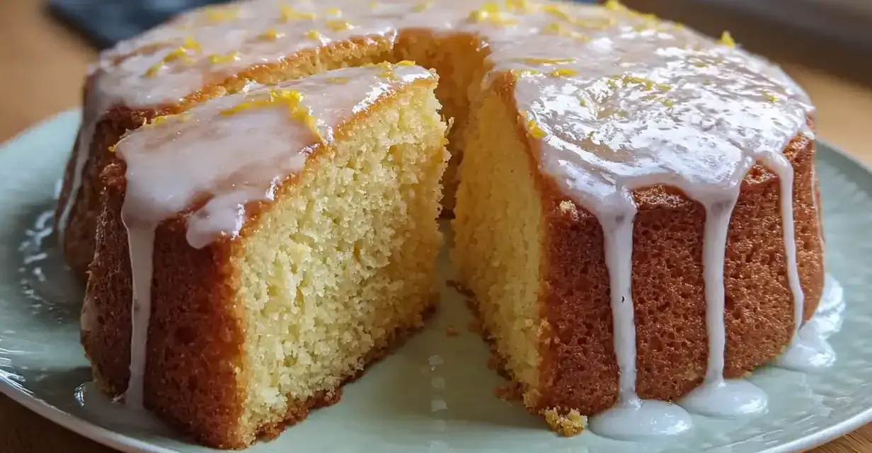 En saftig sockerkaka med citron, täckt av glasyr och rivet citronskal. En bit är uppskuren.