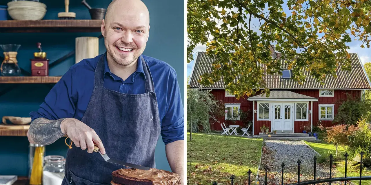 Fredriks fika: En glad bagare med en chokladtårta och ett rött hus i höstsol.