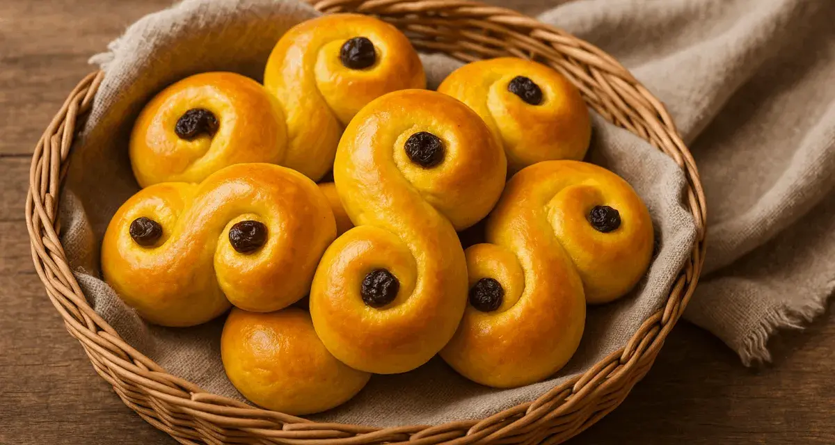 En korg fylld med gyllene lussebullar, perfekta för ett saftigt lussebullar recept.