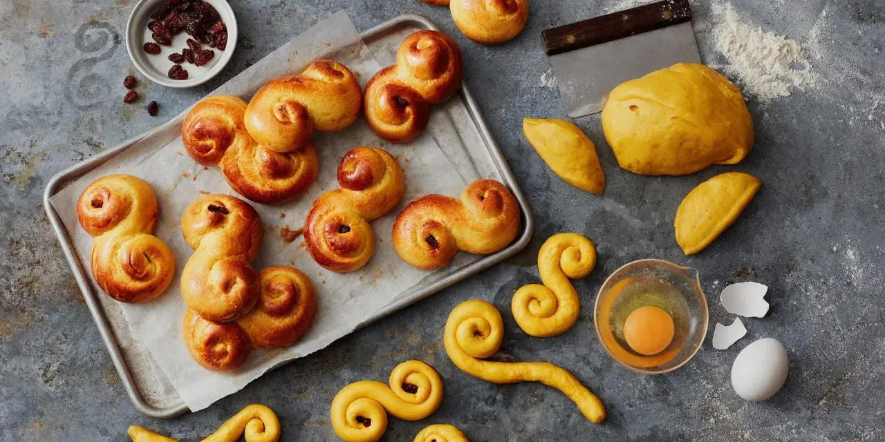 En bricka med gyllene, nybakade lussekatterna, redo att avnjutas. Bredvid ligger ingredienser som russin, deg och ett ägg. Dessa är de godaste lussekatterna!