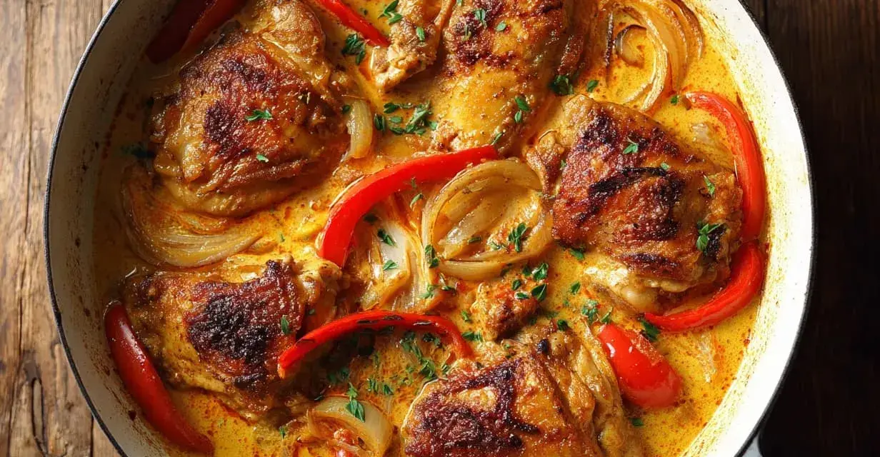 En gryta med kycklinglårfile recept i krämig sås med paprika och lök.