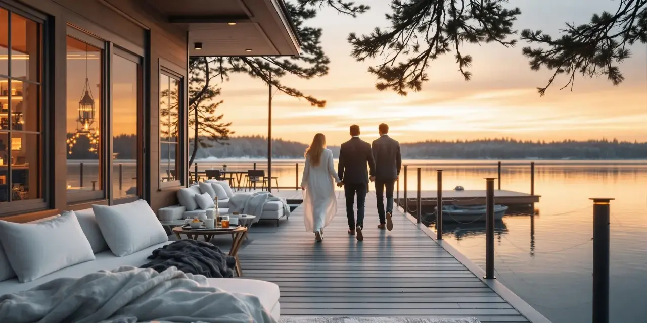 Par går hand i hand på en brygga vid en sjö i solnedgången. En idyllisk scen som visar några av Sveriges unika hotell.
