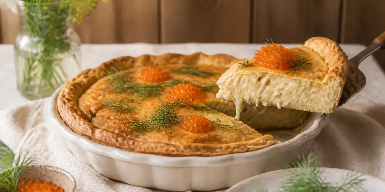 En gyllene paj med en härlig glutenfri pajdeg, toppad med rom och dill. En bit lyfts upp och visar den krämiga fyllningen.