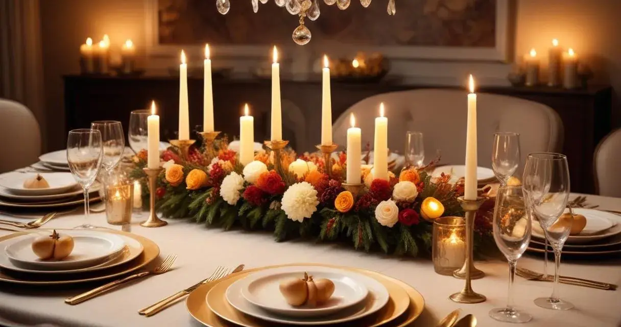 Vackert dukat bord med levande ljus och blommor, redo för en mysig middag. Bordslekar kan förhöja stämningen ytterligare.