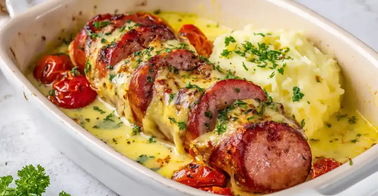 En saftig falukorv i ugn, gratinerad med ost och serverad med krämigt potatismos och körsbärstomater. En klassisk svensk rätt som värmer själen.