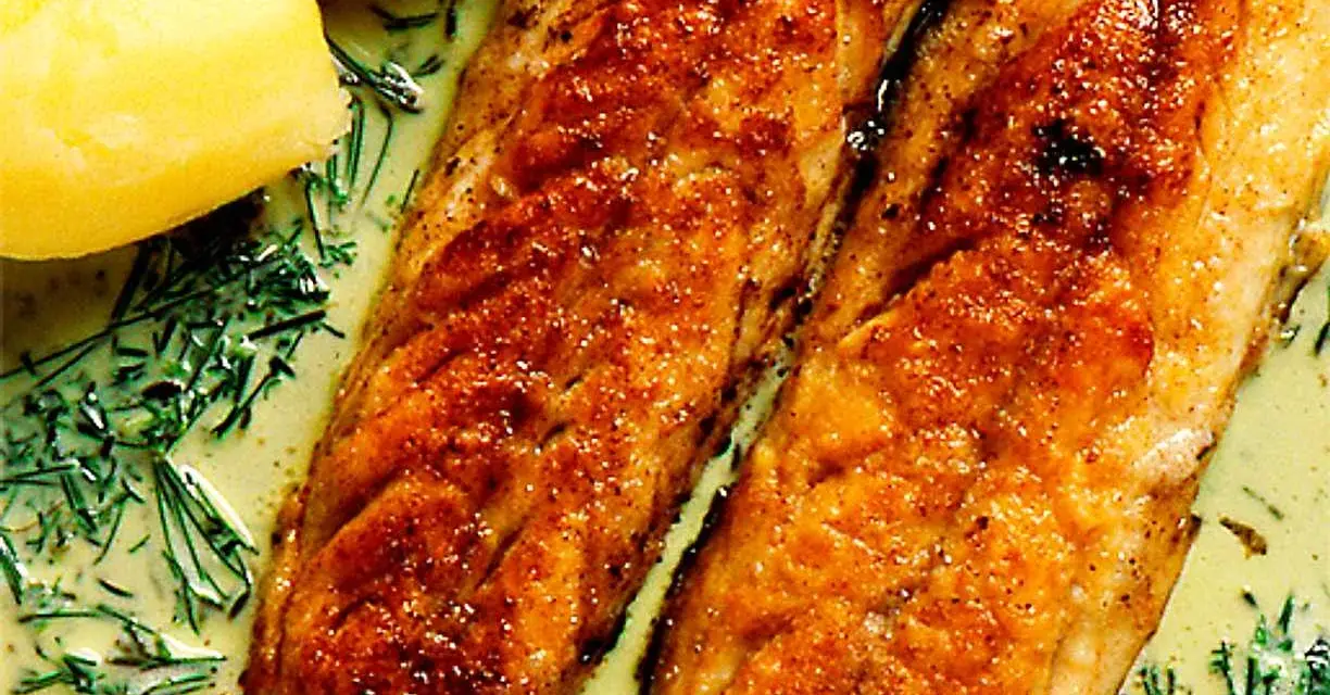 Två gyllene filéer av stekt makrill i en krämig sås med dill och kokt potatis.