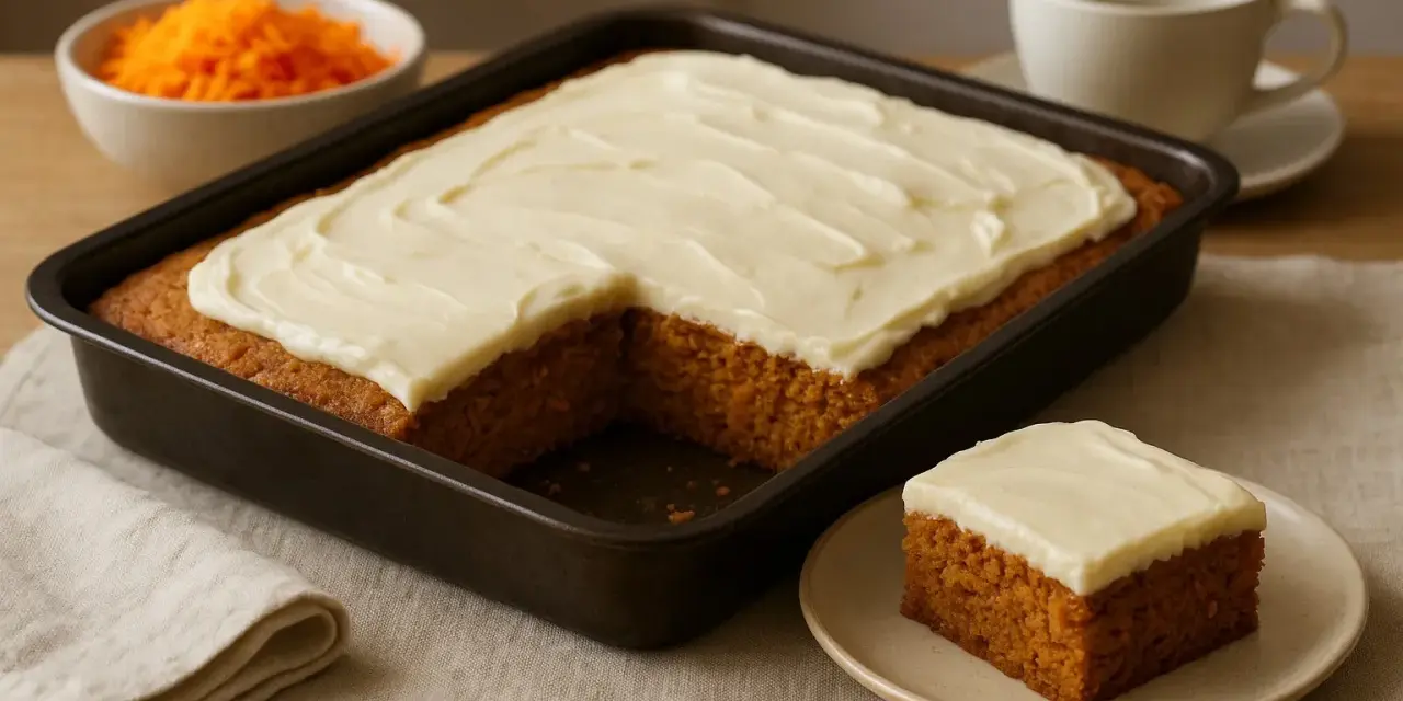 En saftig morotskaka i långpanna med krämig frosting. En bit är upplagd på en tallrik, redo att avnjutas.