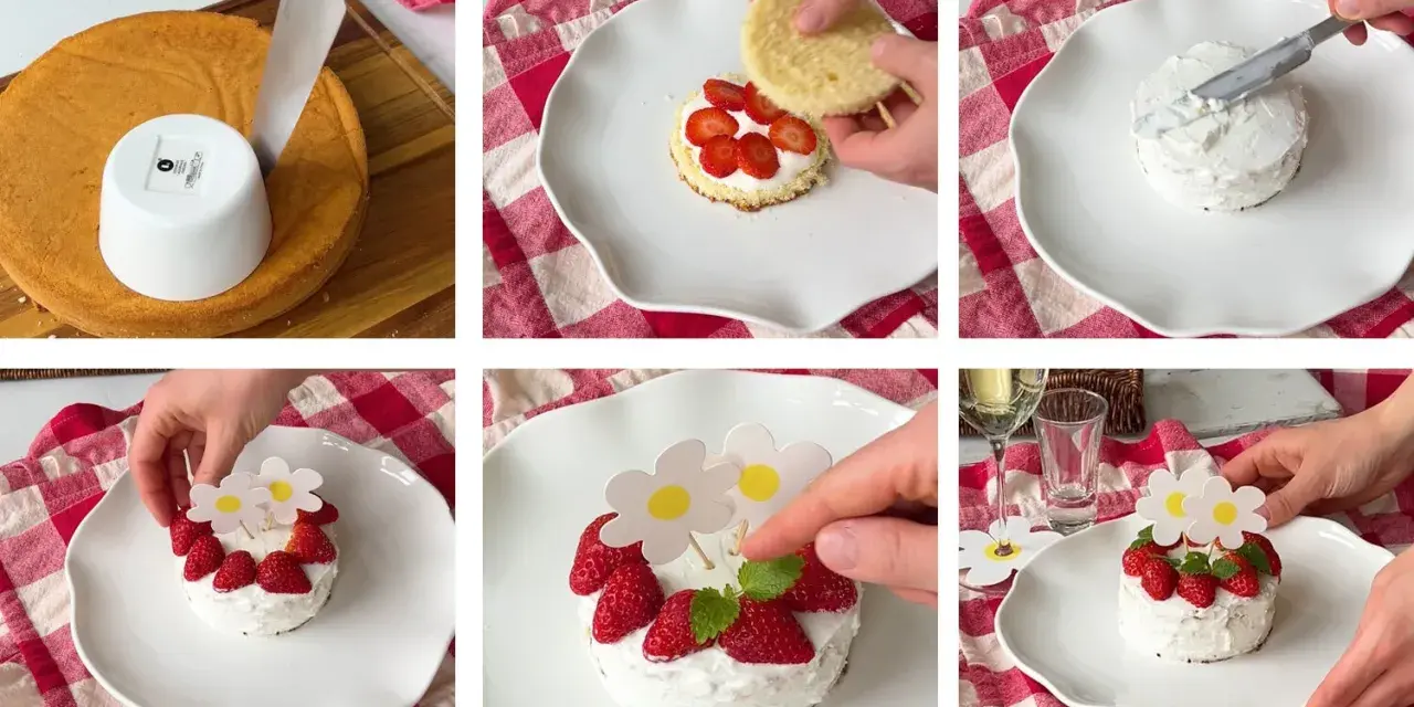 Små, söta midsommar tårtor med grädde, jordgubbar och blomsterdekorationer. Perfekt för firandet!