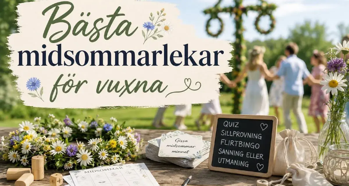 Bästa midsommarlekar för vuxna. En krans, spelkort och en liten svarta tavla med aktiviteter som quiz och utmaningar. I bakgrunden dansar folk runt en midsommarstång.