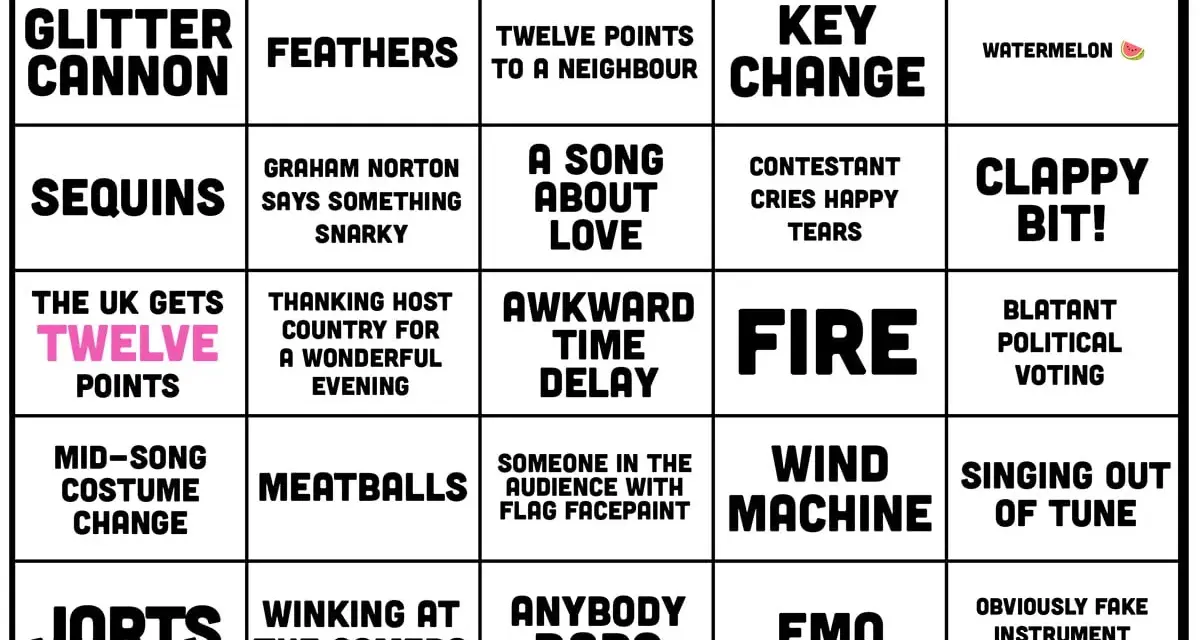 Eurovision bingo-kort med rutor som "Glitterkanon", "Vattenmelon" och "Blatent politisk röstning". Perfekt för att spela eurovision bingo!