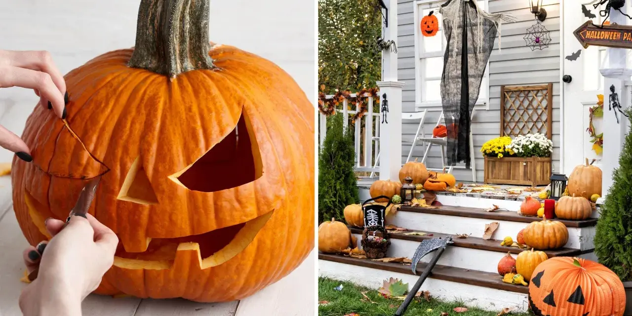 Förberedelser för halloween dag: en pumpa karvas och en husfasad dekoreras med pumpor, en spöklik gestalt och spindelnät.