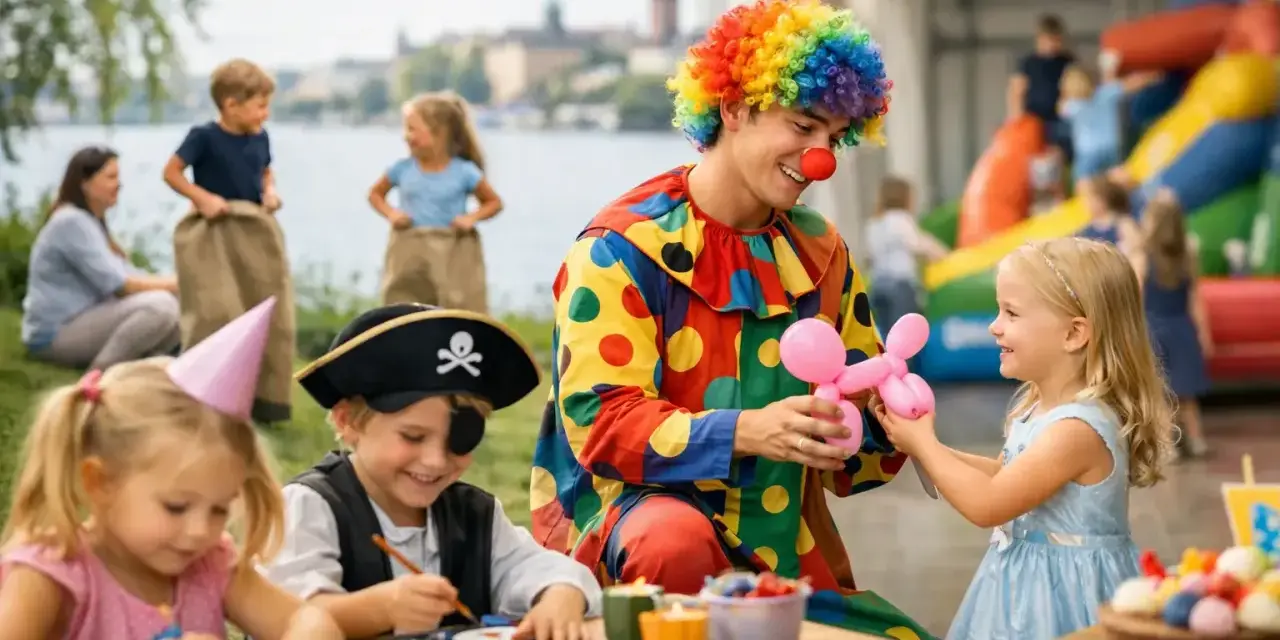 En clown med färgglad peruk gör ballongdjur till barn på en fest. En pirat och en flicka med partyhatt pysslar vid ett bord. En rolig aktivitet med barn.