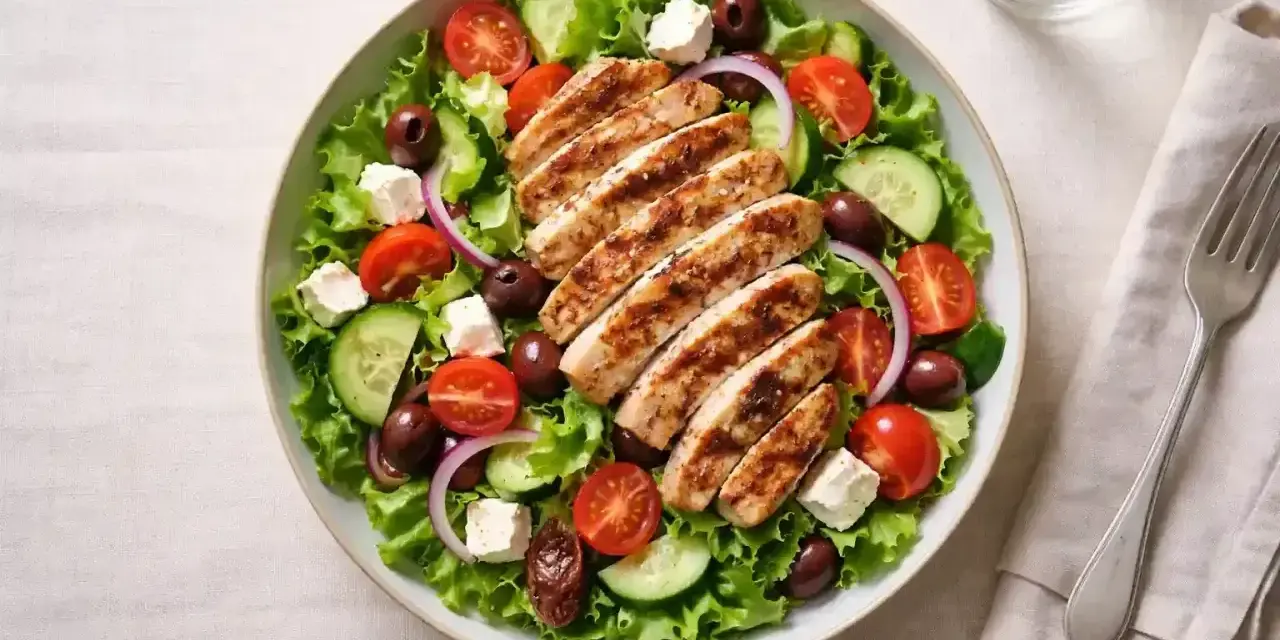 Enkel kyckling sallad med grillad kyckling, sallad, tomater, gurka, oliver och fetaost. Ett perfekt kyckling recept enkelt för en snabb lunch.