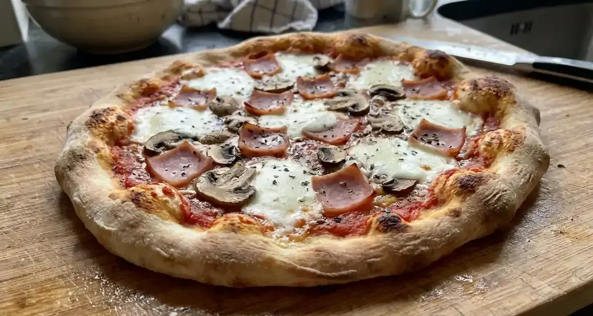 En härlig hemmagjord pizza med skinka och champinjoner, redo att avnjutas.