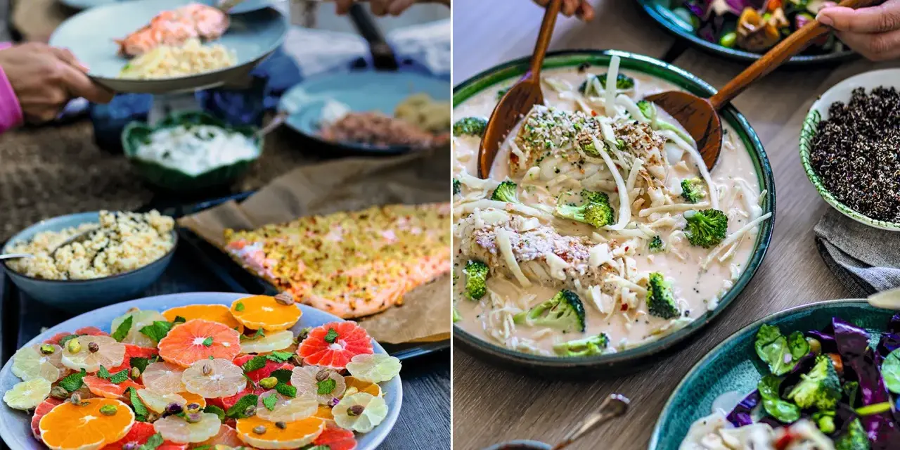 Härliga mat tips för en festmåltid: en färgsprakande citrus- och pistagesallad, krämig fisk med broccoli och quinoa.