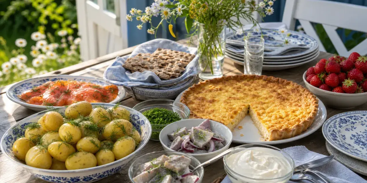 En härlig midsommar afton-buffé med sill, lax, färskpotatis, paj och jordgubbar dukas upp utomhus.