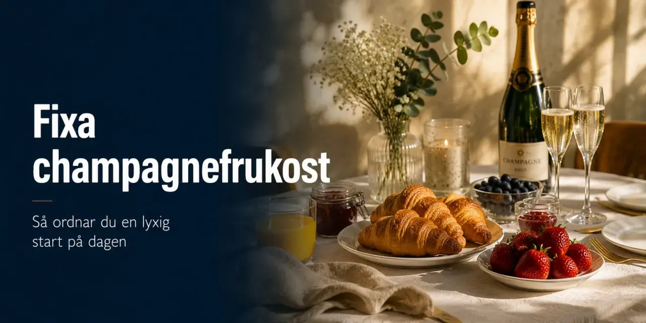 En lyxig champagnefrukost med croissanter, bär och bubbel. Perfekt för att fira studenten!