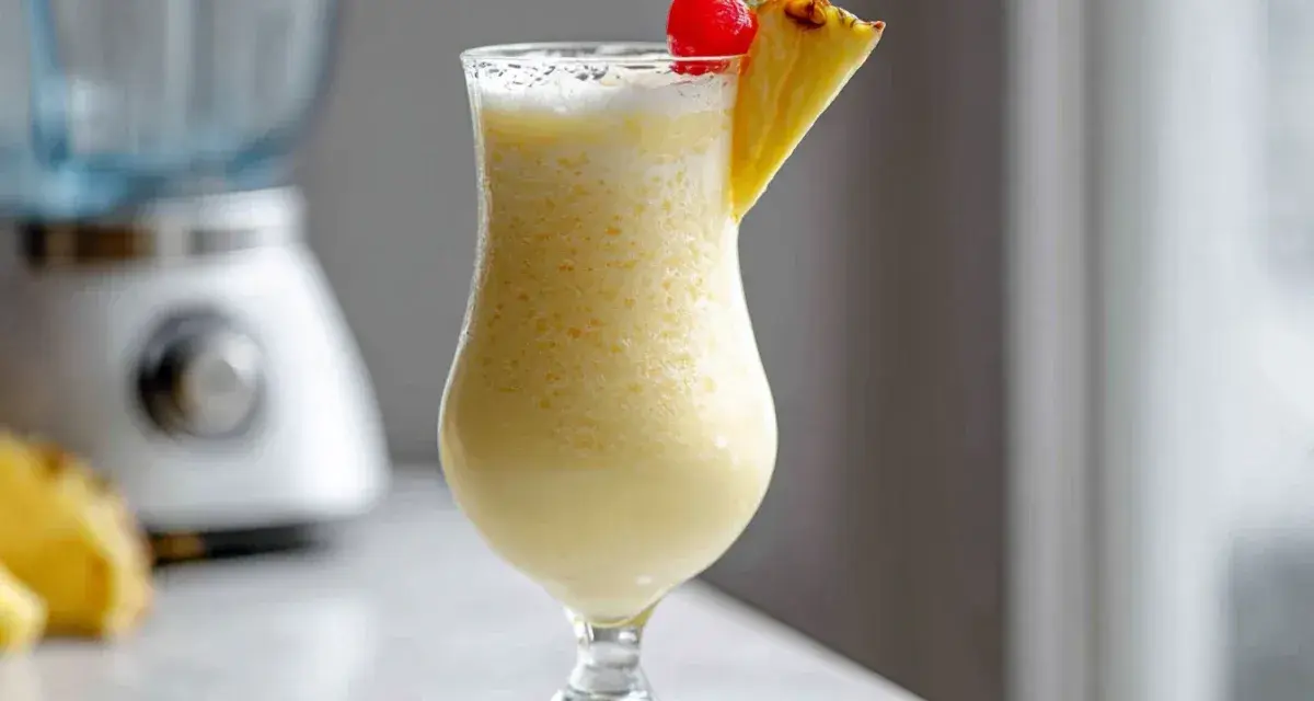 En krämig pina colada i ett glas, garnerad med ananas och ett körsbär. Perfekt för en solig dag!
