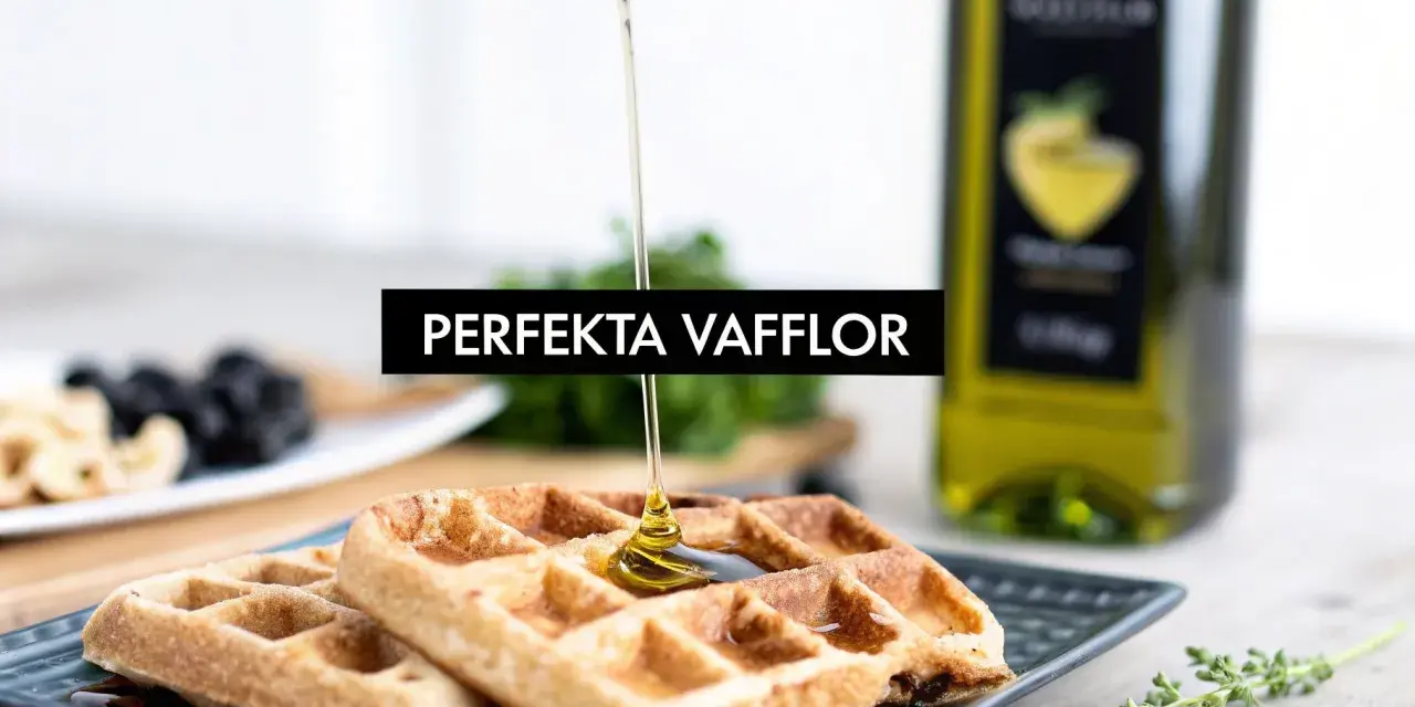 Perfekta våfflor med sirap som ringlas över. En flaska olja och frukt i bakgrunden. Ett enkelt våffelmix recept för alla.