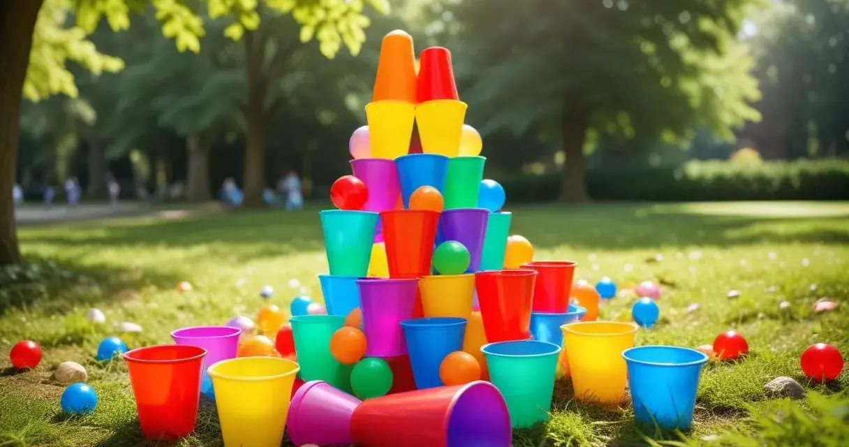 Färgglada plastmuggar och bollar ligger utspridda på gräset, redo för roliga 5 kamp lekar i parken.